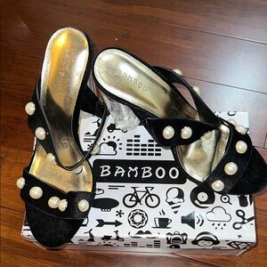 Bamboo Black Heels with Pearl Accents